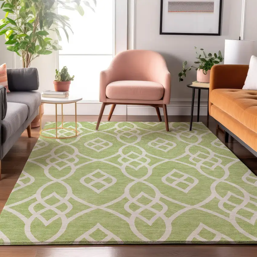 Artichoke Green And Ivory Trellis Washable Area Rug With UV Protection Photo 5