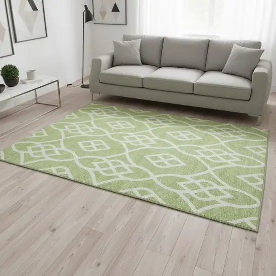 Artichoke Green And Ivory Trellis Washable Area Rug With UV Protection Photo 2
