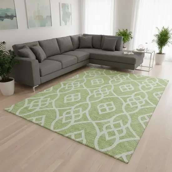Artichoke Green And Ivory Trellis Washable Area Rug With UV Protection Photo 2