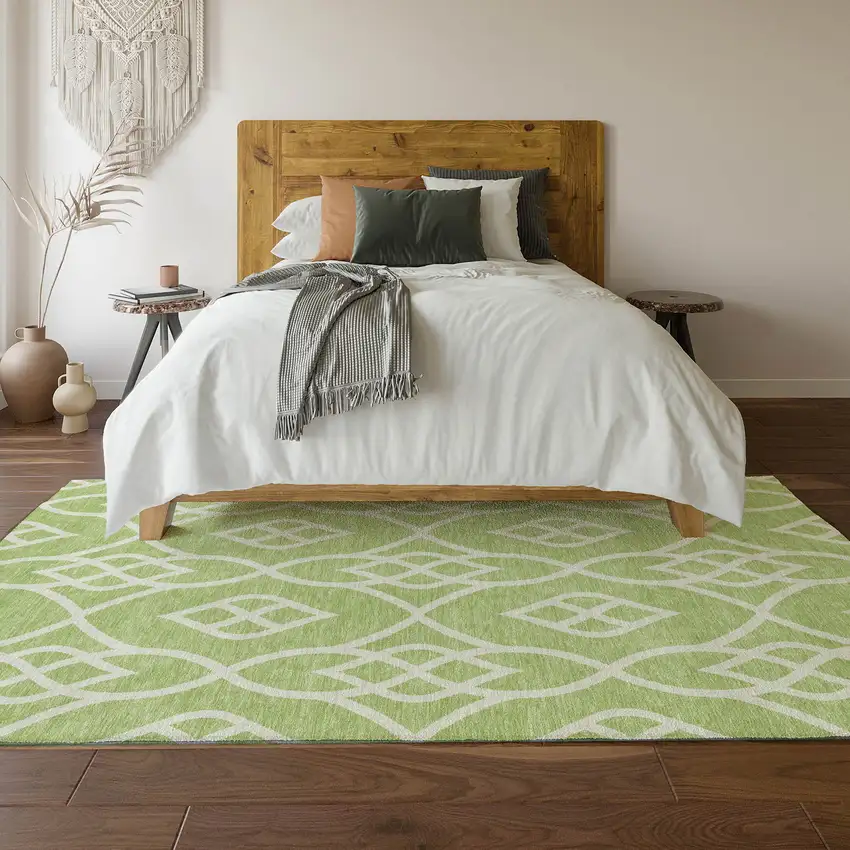 Artichoke Green And Ivory Trellis Washable Area Rug With UV Protection Photo 6