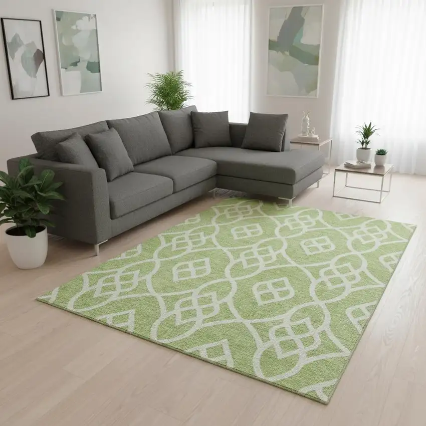 Artichoke Green And Ivory Trellis Washable Area Rug With UV Protection Photo 2