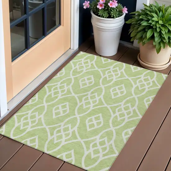 Artichoke Green And Ivory Trellis Washable Indoor Outdoor Area Rug Photo 1