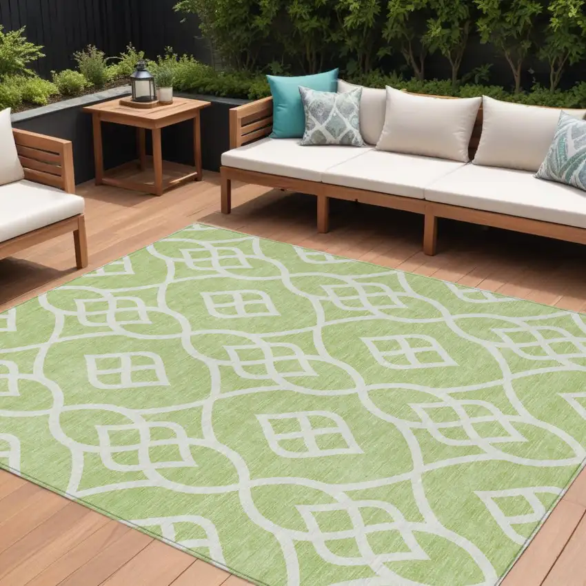 Artichoke Green And Ivory Trellis Washable Indoor Outdoor Area Rug Photo 1