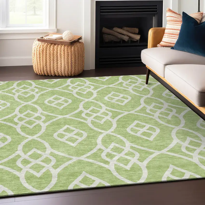Artichoke Green And Ivory Trellis Washable Indoor Outdoor Area Rug Photo 8