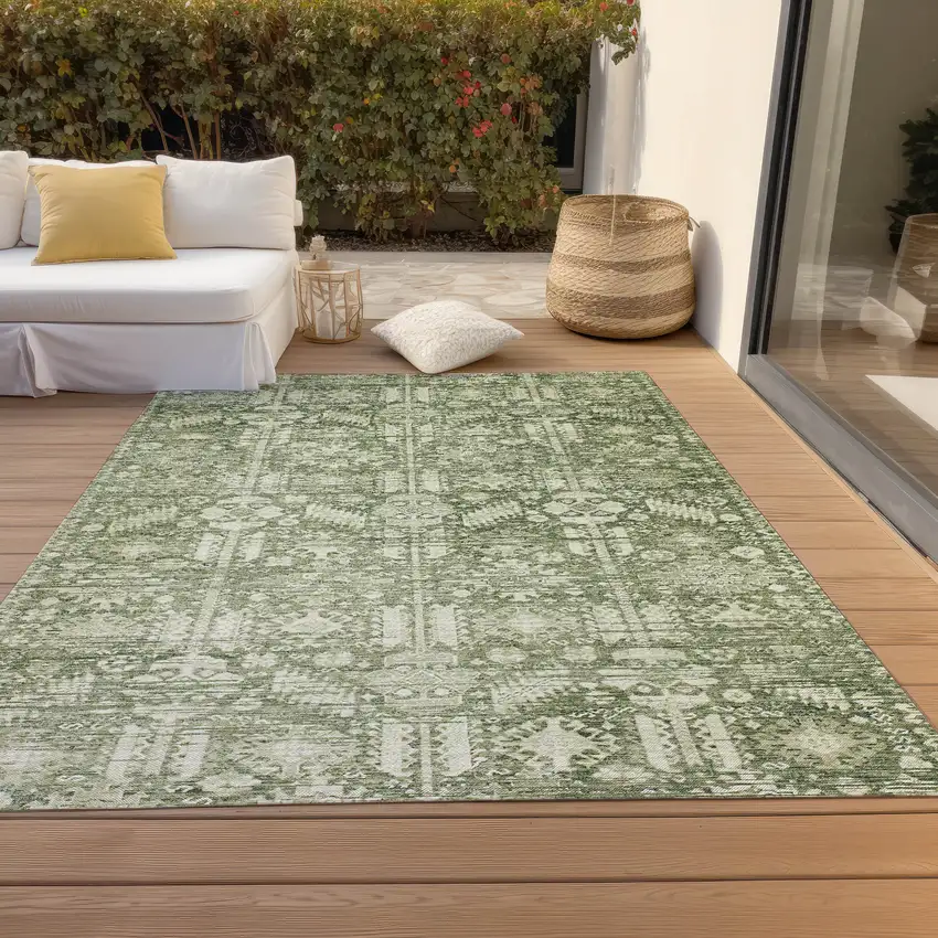 Artichoke Green And Ivory Tribal Washable Indoor Outdoor Area Rug Photo 8