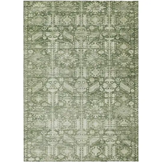 Artichoke Green And Ivory Tribal Washable Indoor Outdoor Area Rug Photo 1