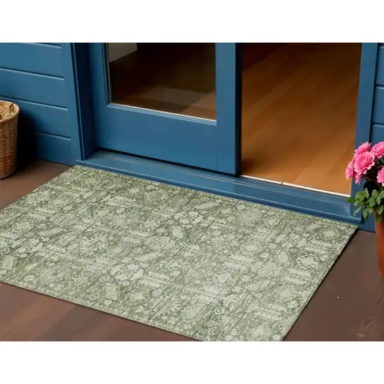 Artichoke Green And Ivory Tribal Washable Indoor Outdoor Area Rug Photo 2