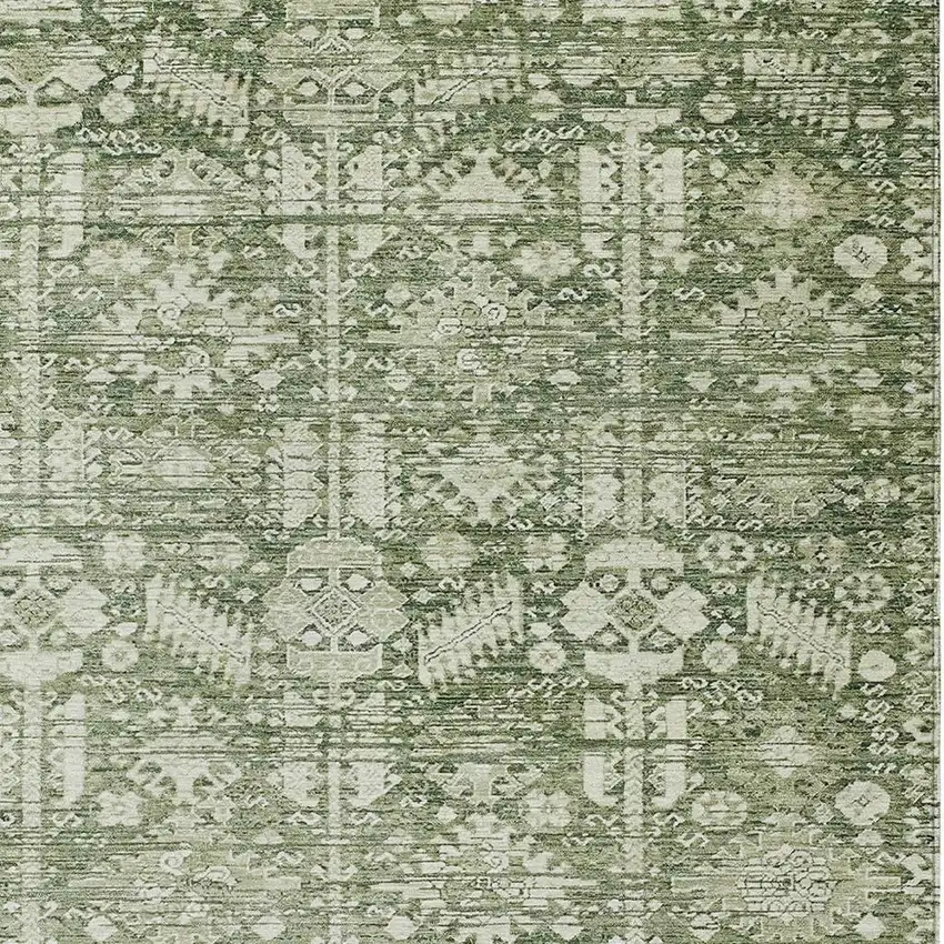 Artichoke Green And Ivory Tribal Washable Indoor Outdoor Area Rug Photo 3