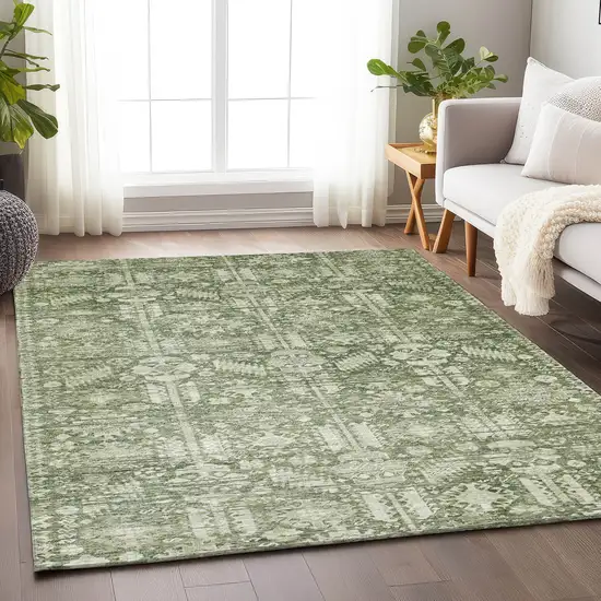 Artichoke Green And Ivory Tribal Washable Indoor Outdoor Area Rug Photo 6