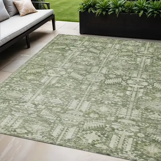 Artichoke Green And Ivory Tribal Washable Indoor Outdoor Area Rug Photo 2