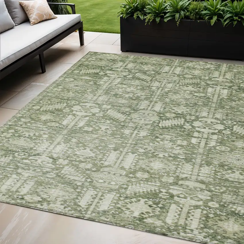 Artichoke Green And Ivory Tribal Washable Indoor Outdoor Area Rug Photo 2