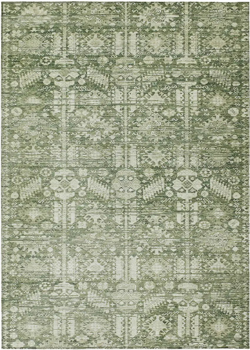 Artichoke Green And Ivory Tribal Washable Indoor Outdoor Area Rug Photo 1