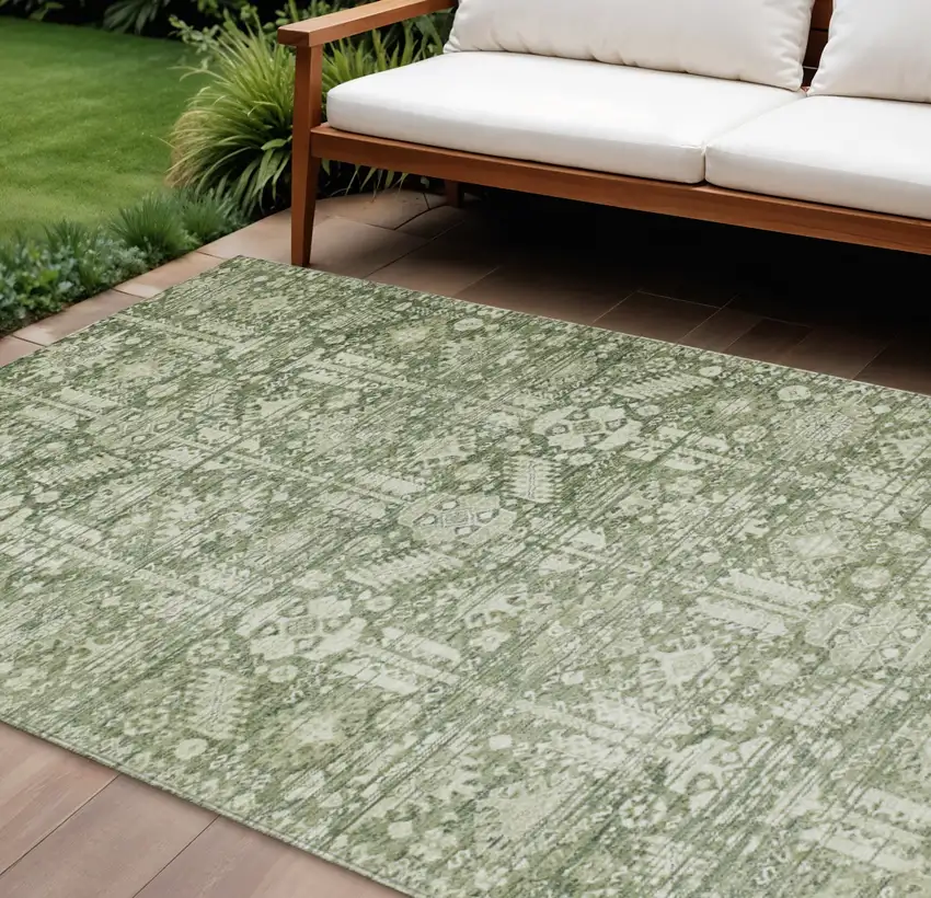 Artichoke Green And Ivory Tribal Washable Indoor Outdoor Area Rug Photo 2