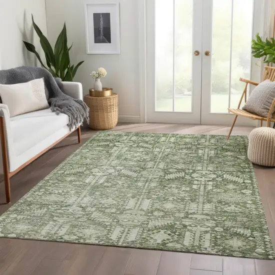 Artichoke Green And Ivory Tribal Washable Indoor Outdoor Area Rug Photo 7