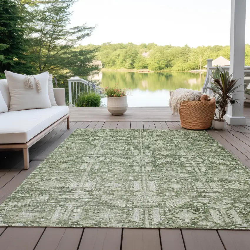 Artichoke Green And Ivory Tribal Washable Indoor Outdoor Area Rug Photo 5