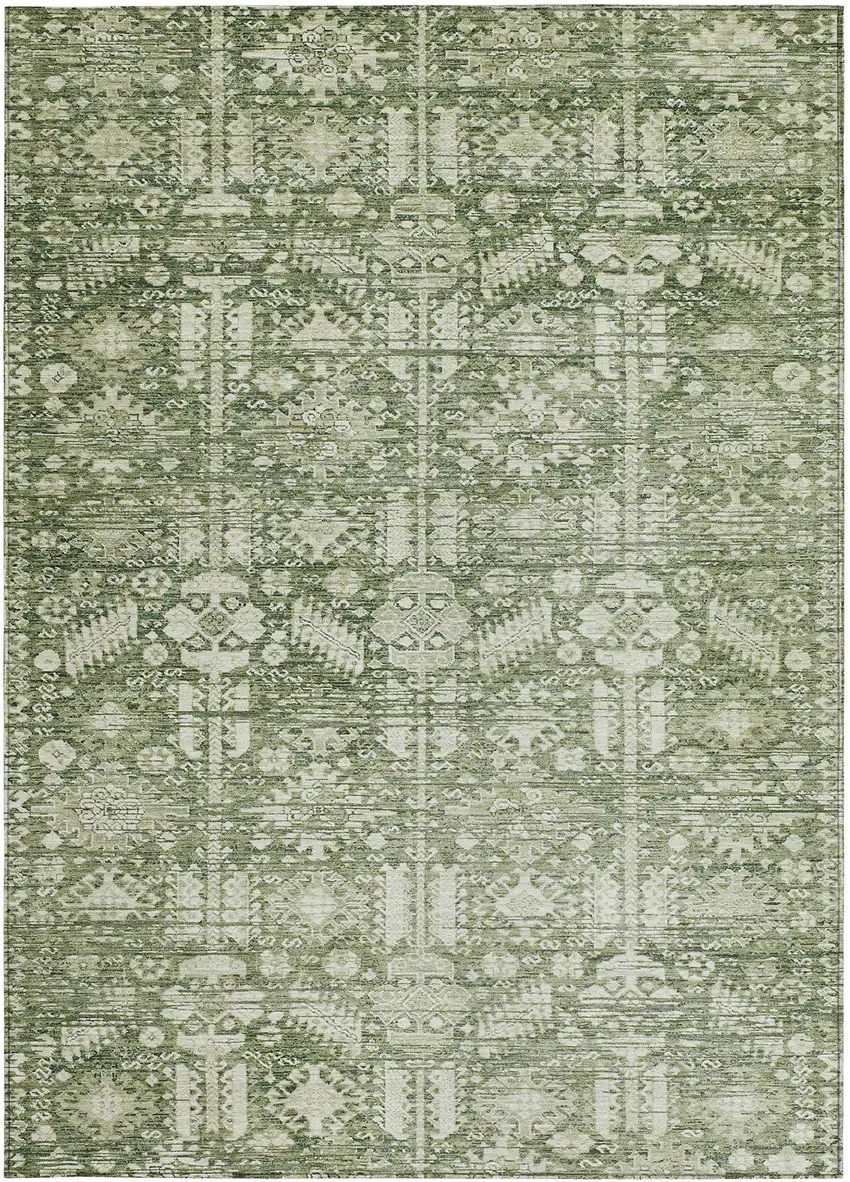 Artichoke Green And Ivory Tribal Washable Indoor Outdoor Area Rug Photo 3