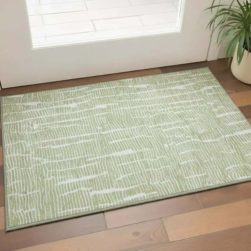 Artichoke Green And Ivory Vermicular Washable Area Rug With UV Protection Photo 2