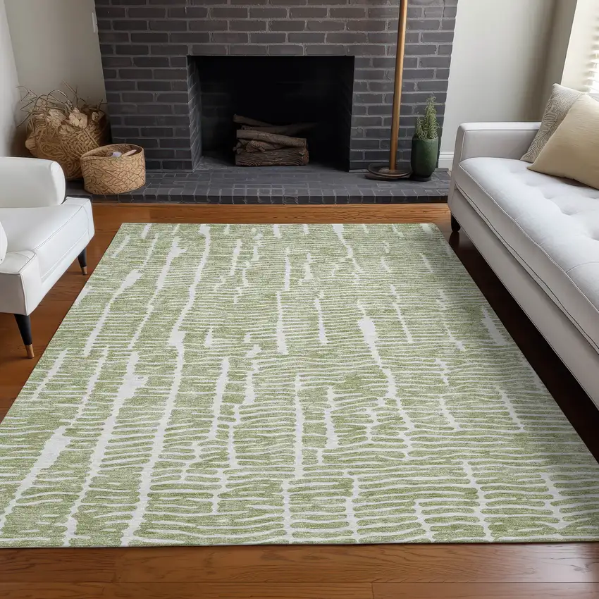 Artichoke Green And Ivory Vermicular Washable Area Rug With UV Protection Photo 5