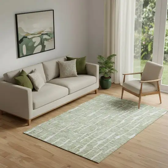 Artichoke Green And Ivory Vermicular Washable Area Rug With UV Protection Photo 1