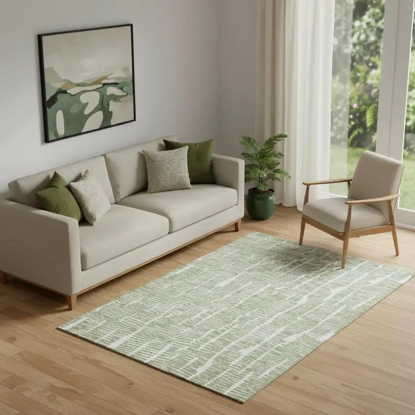 Artichoke Green And Ivory Vermicular Washable Area Rug With UV Protection Photo 1