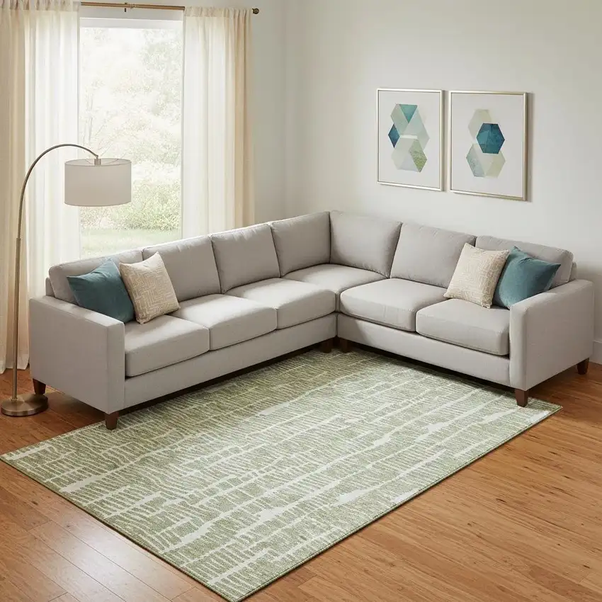 Artichoke Green And Ivory Vermicular Washable Area Rug With UV Protection Photo 1