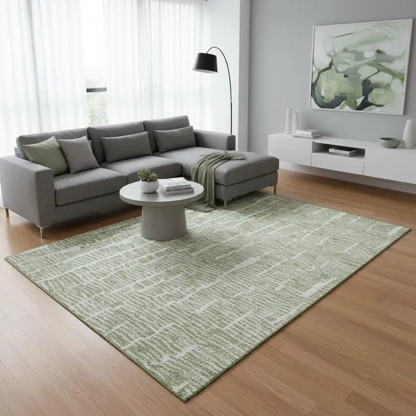 Artichoke Green And Ivory Vermicular Washable Area Rug With UV Protection Photo 2