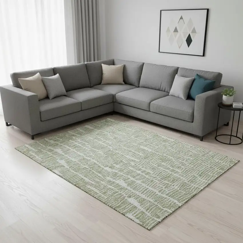 Artichoke Green And Ivory Vermicular Washable Area Rug With UV Protection Photo 2