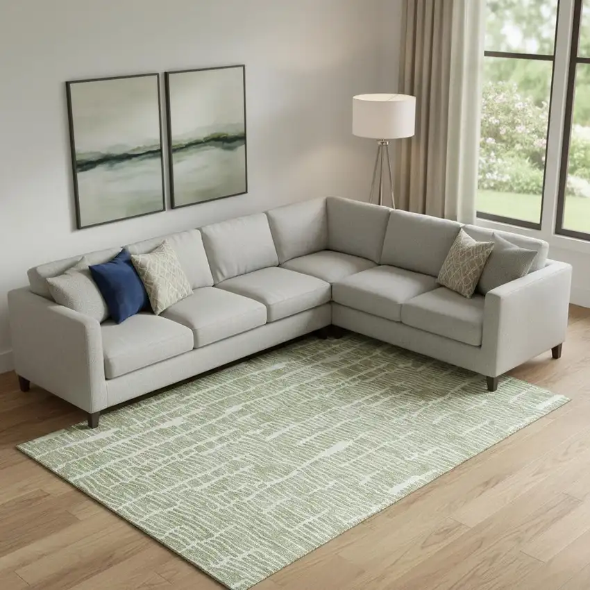 Artichoke Green And Ivory Vermicular Washable Area Rug With UV Protection Photo 1