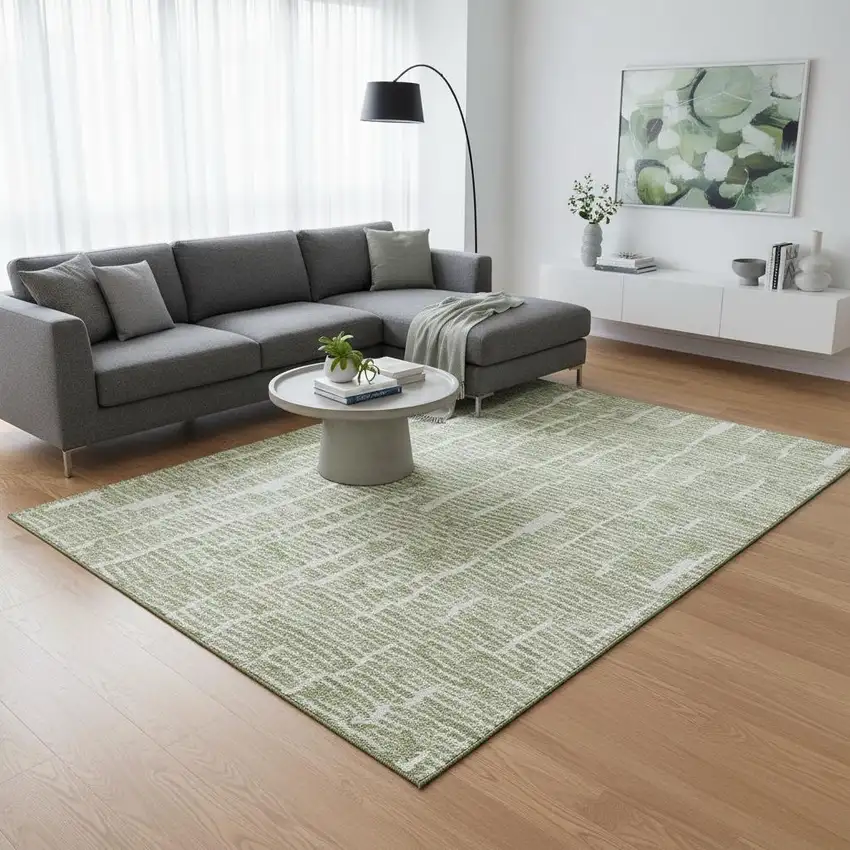 Artichoke Green And Ivory Vermicular Washable Area Rug With UV Protection Photo 2