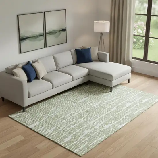 Artichoke Green And Ivory Vermicular Washable Area Rug With UV Protection Photo 1