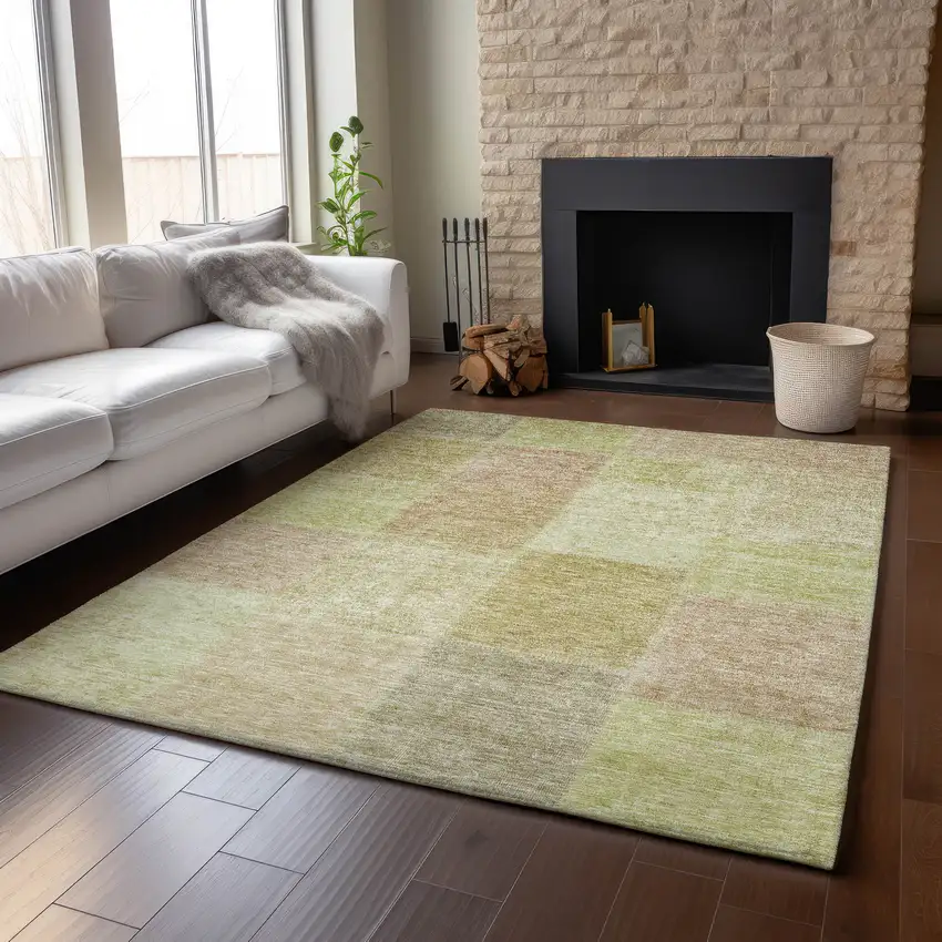 Artichoke Green And Khaki Patchwork Washable Area Rug With UV Protection Photo 5