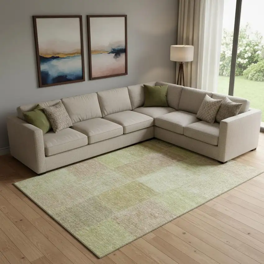 Artichoke Green And Khaki Patchwork Washable Area Rug With UV Protection Photo 1
