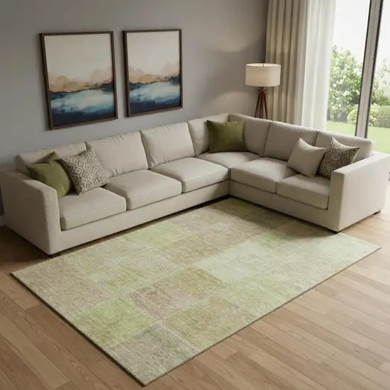 Artichoke Green And Khaki Patchwork Washable Area Rug With UV Protection Photo 1