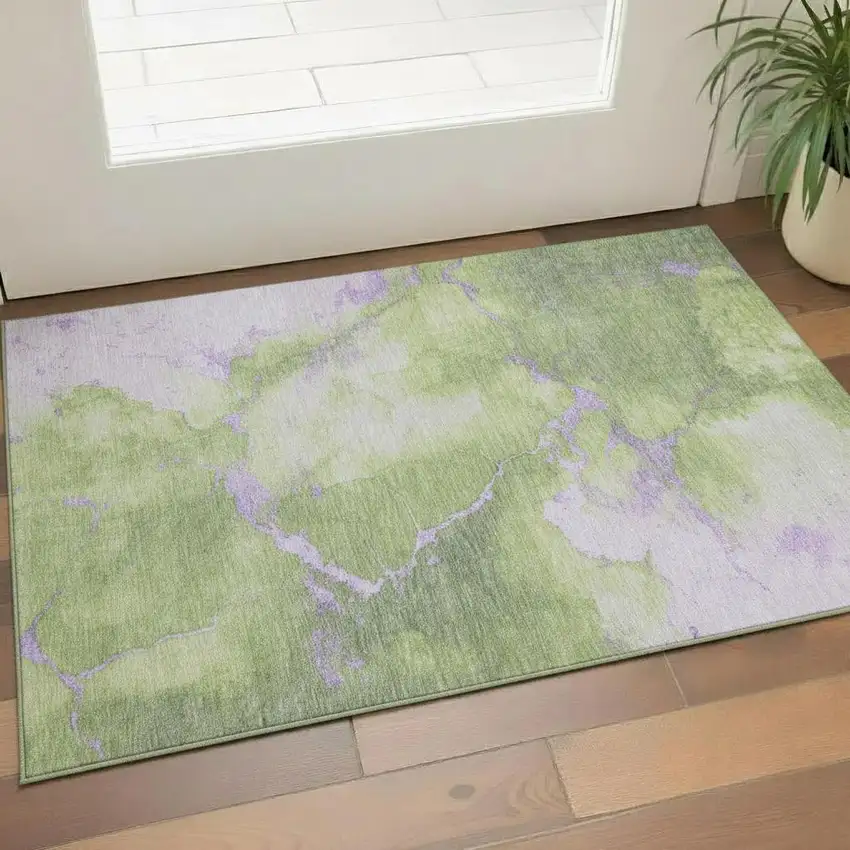 Artichoke Green And Lavender Abstract Washable Area Rug With UV Protection Photo 2