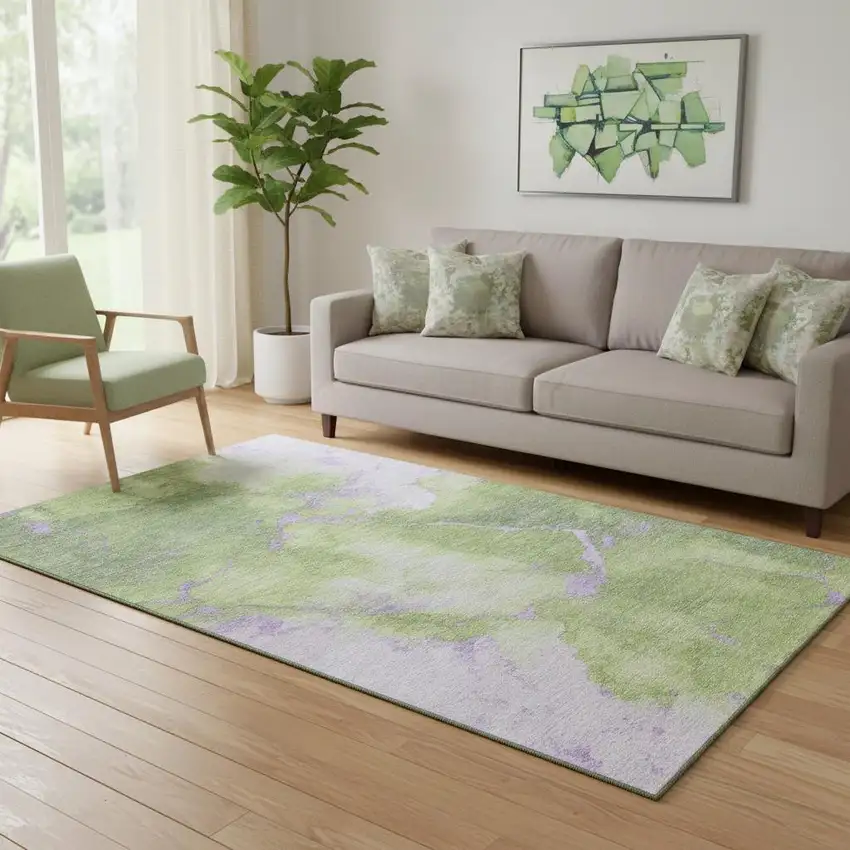 Artichoke Green And Lavender Abstract Washable Area Rug With UV Protection Photo 2