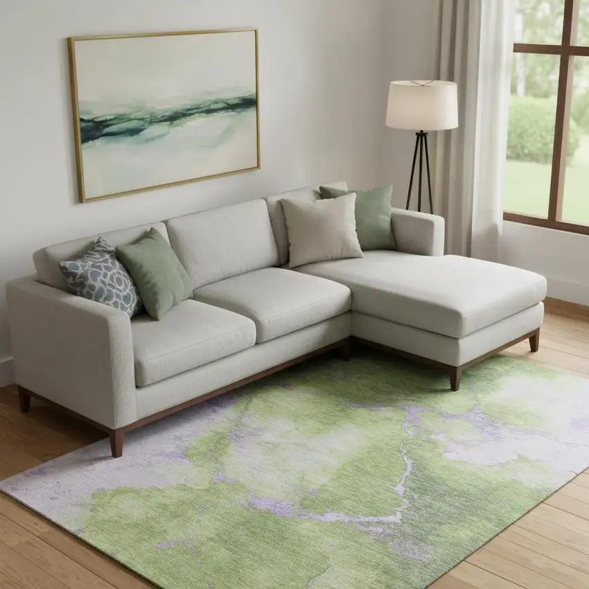 Artichoke Green And Lavender Abstract Washable Area Rug With UV Protection Photo 2