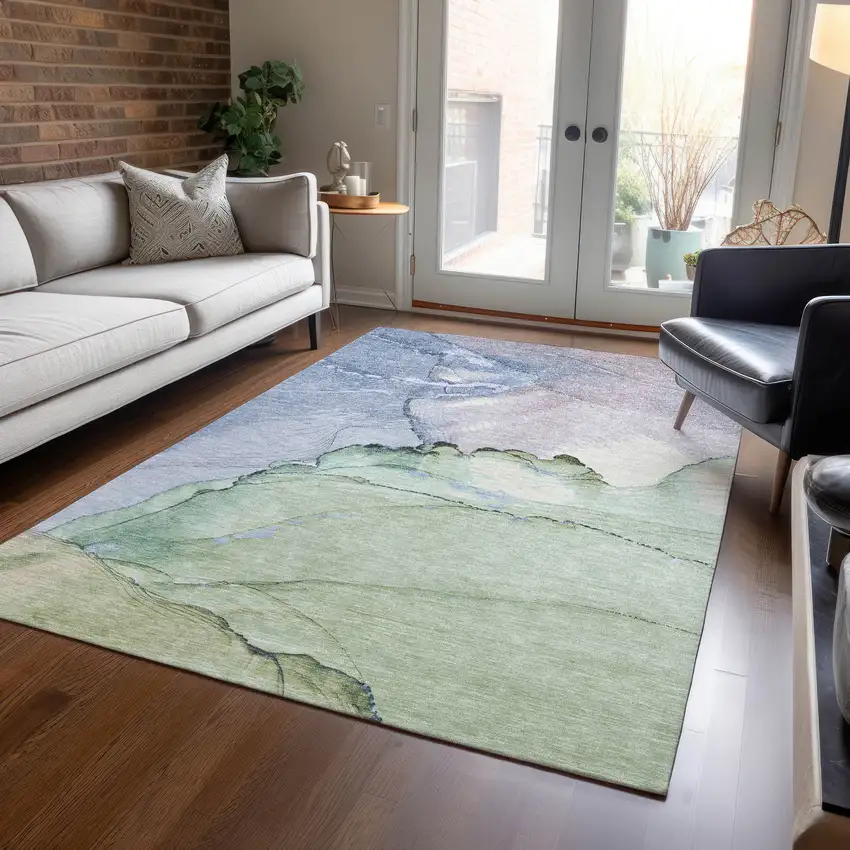 Artichoke Green And Lavender Abstract Washable Indoor Outdoor Area Rug Photo 6