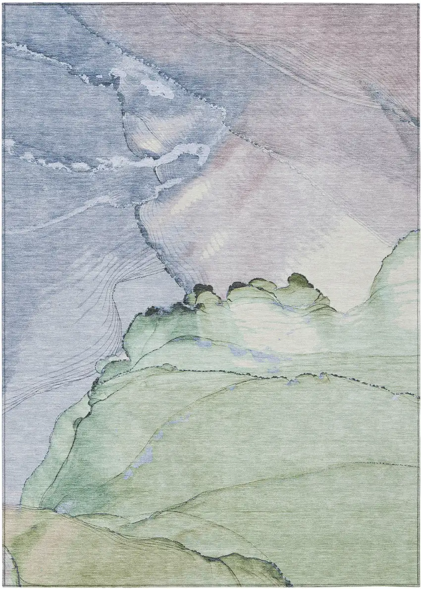 Artichoke Green And Lavender Abstract Washable Indoor Outdoor Area Rug Photo 9