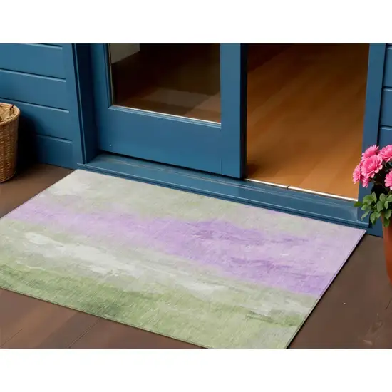 Artichoke Green And Lavender Abstract Washable Indoor Outdoor Area Rug Photo 2