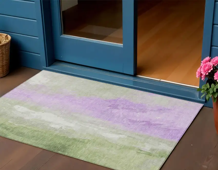Artichoke Green And Lavender Abstract Washable Indoor Outdoor Area Rug Photo 2