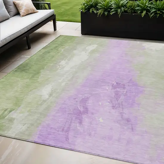Artichoke Green And Lavender Abstract Washable Indoor Outdoor Area Rug Photo 2