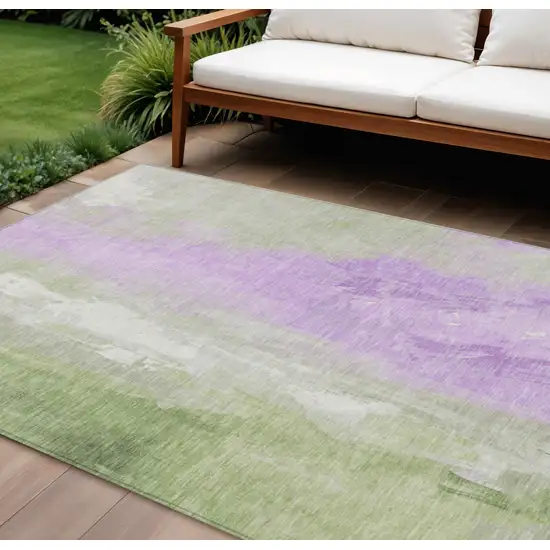 Artichoke Green And Lavender Abstract Washable Indoor Outdoor Area Rug Photo 2