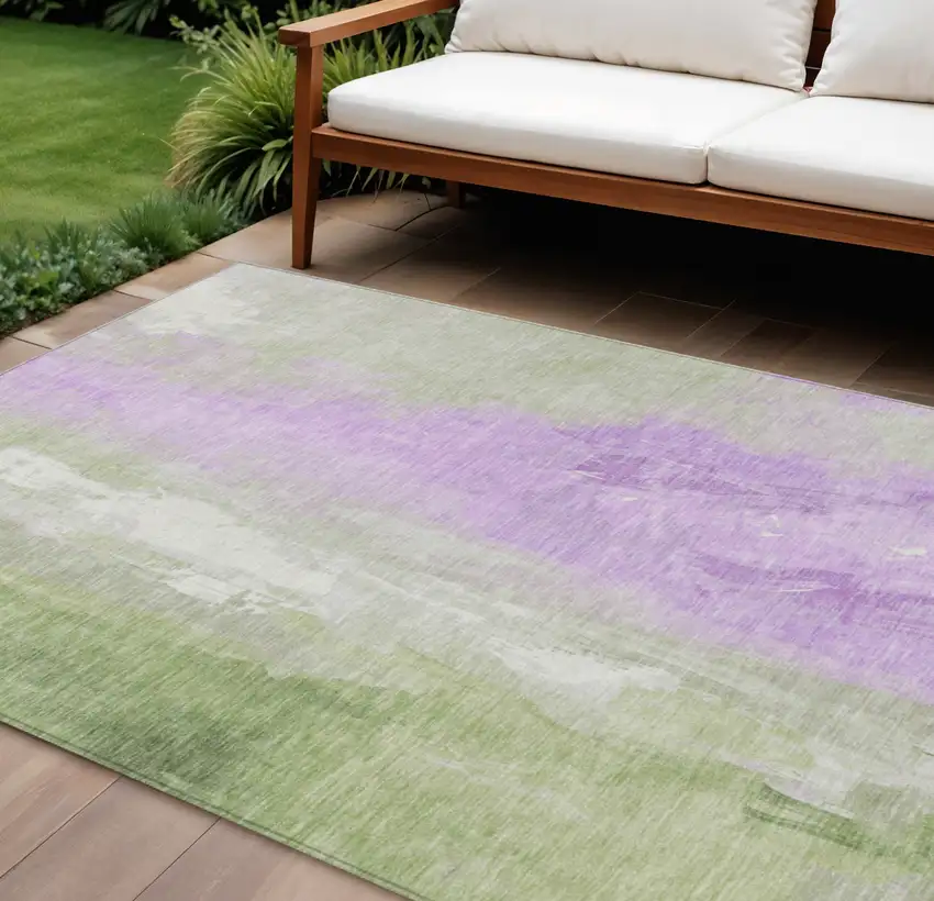 Artichoke Green And Lavender Abstract Washable Indoor Outdoor Area Rug Photo 2