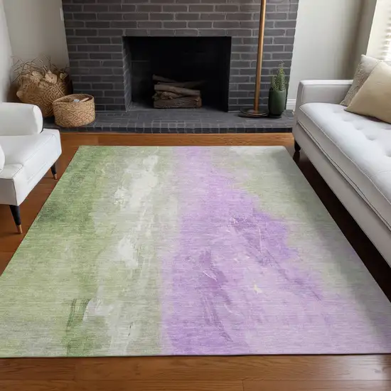 Artichoke Green And Lavender Abstract Washable Indoor Outdoor Area Rug Photo 6