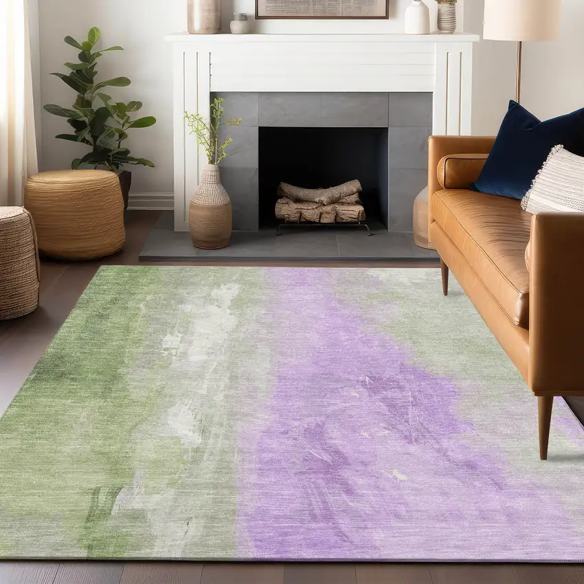 Artichoke Green And Lavender Abstract Washable Indoor Outdoor Area Rug Photo 5
