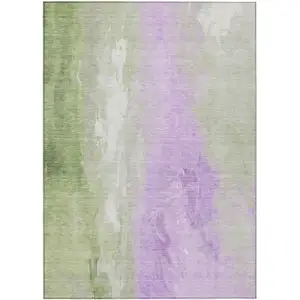 Photo of Artichoke Green And Lavender Abstract Washable Indoor Outdoor Area Rug
