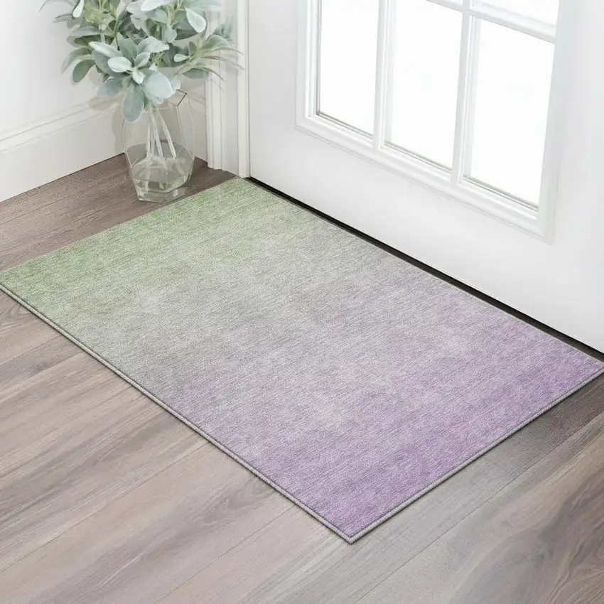 Artichoke Green And Lavender Ombre Washable Area Rug With UV Protection Photo 2