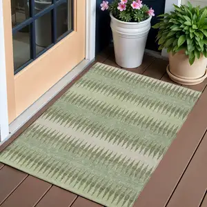 Photo of Artichoke Green And Light Green Striped Washable Indoor Outdoor Area Rug