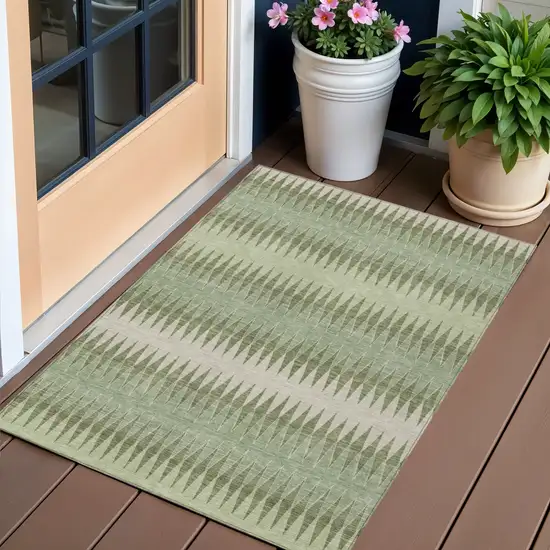 Artichoke Green And Light Green Striped Washable Indoor Outdoor Area Rug Photo 1