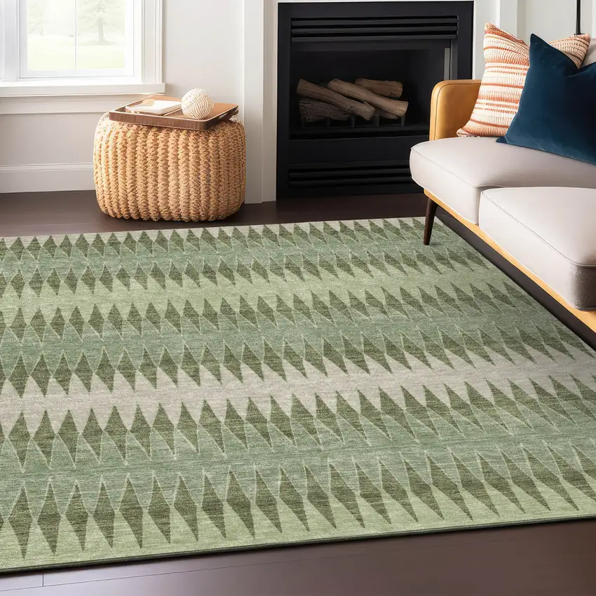 Artichoke Green And Light Green Striped Washable Indoor Outdoor Area Rug Photo 8
